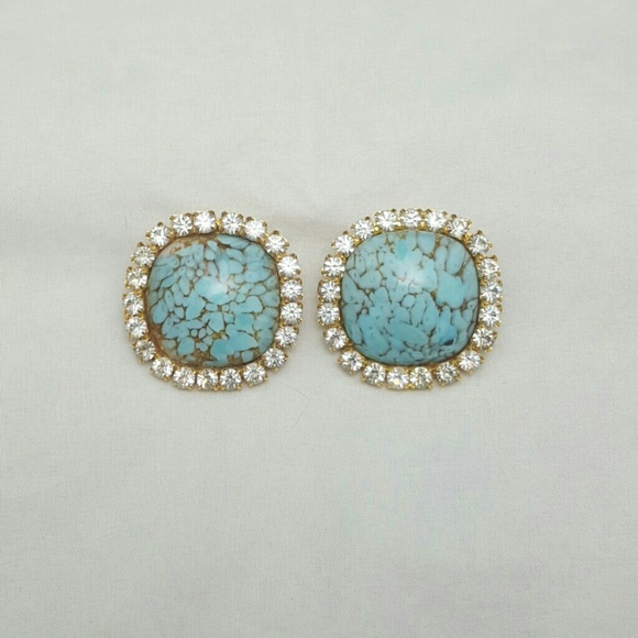 Vintage Faux Turqoise & Clear Rhinestone Earrings - Picture 3 of 7